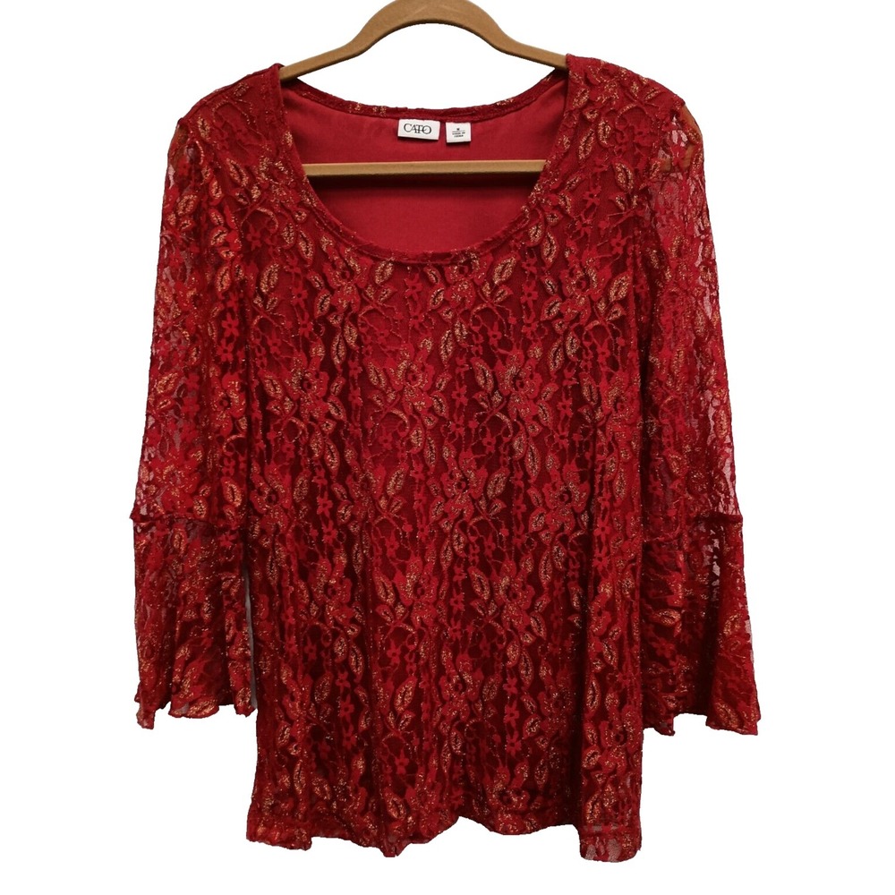 Cato VTG Y2K BOHO Whimsygoth Top Womens Medium Red Lace Bell Sleeve Metallic